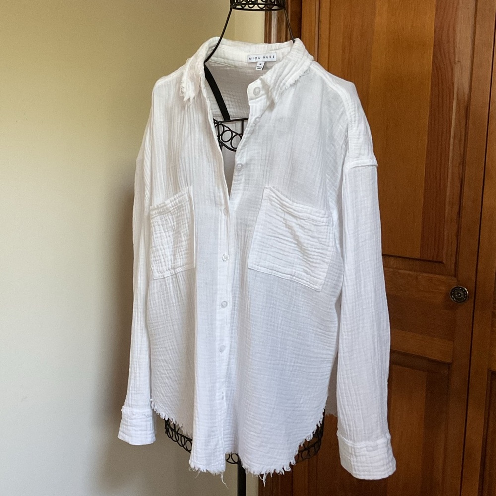 MIOU MUSE Double Gauze Button Down Shirts, white, Medium - Picture 2 of 8